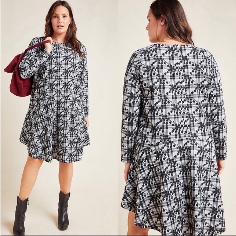 Anthropologie Hutch Jeanie Embroidered Plaid Tunic Dress Black White 1X NWT